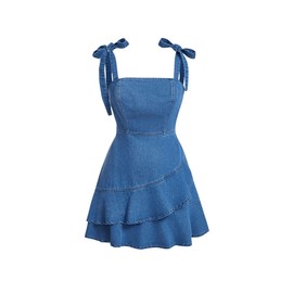 SHENHE Women's Tie Shoulder Sleeveless Denim Mini Dress Layered Ruffle Hem Jean Dress Blue Small