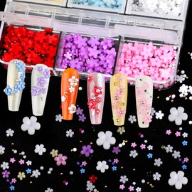 FOIMAS 3D Flower Nail Charms,3 Boxes Flower Acrylic Nail Art Rhinestones with Gold Silver Pearl Beads Tweezer for DIY Nail Art Decoration Supply