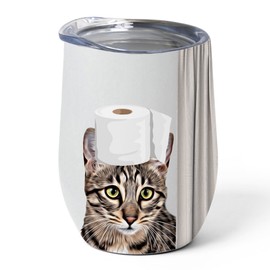 Funny Fawn Spotted Tabby Savannah Cat Tumbler 12oz - Stainless Steel Insulated Travel Mug with Lid - Adorable Pet with Toilet Paper Design Gift Idea for Cat Owner & Kitten Lover