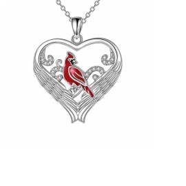 Fashion Jewelry RED CARDINAL HEART BIRD CRYSTAL Pendant 925 Sterling Silver 22" necklace Women