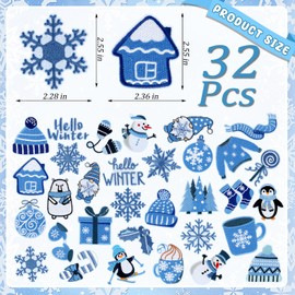 32 Pieces Winter Iron on Patches Snowman Snowflakes Sew on Embroidered Applique Repair Patch DIY Crafts Festive Gifts for Clothing Hat Shirt Bag Jeans DIY Decorations