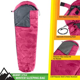 Mummy Sleeping Bag - Adult Cold Weather Sleeping Bag Rated to 10°F - Waterproof with Drawstring Hood - Camping Equipment by Wakeman Outdoors (Pink)