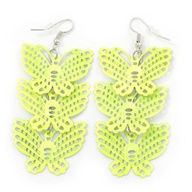 Lightweight Filigree Triple Butterfly Drop Earrings in Neon Yellow Colour/Silver Tone/ 75mm L
