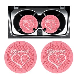 Augeny 2PCS Car Cup Holder Coaster, Non-Slip PVC Insert Cup Coaster, 2.76 Inch Blessed Cross and Heart Christian Auto Drink Cup Mat, Interior Car Accessories for Women Girls (Pink)