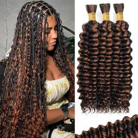 Ombre Brown Human Braiding Hair for Boho Braids 100g 3 Bundles/Pack 24 Inch Curly Boho Hair for Braiding Knotless 12A Deep Wave Bulk Bohemian Color P1B/30