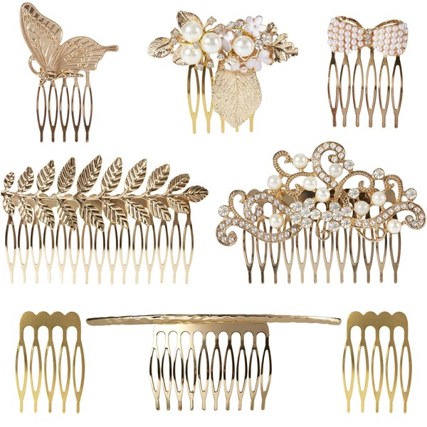 8 Pack Large Gold Crystal Pearl Rhinestone Metal Hair Side Combs Clip With Teeth Grip Clasp Barrettes Pins for Women Bridal Wedding Veil Decorative Headpiece French Twist Updo Vintage Accessories