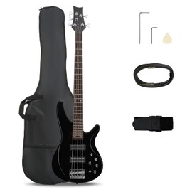 Ktaxon 5 String Electric Bass Guitar, Full Size Standard Right Handed Rosewood Fretboard Bass Kit with Gig Bag Strap Cable Wrench Tool (Upgraded Black)
