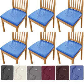 HFCNMY Seat Covers for Dining Chairs, 6 Pack Stretch Waterproof PU Dining Chair Seat Covers Removable Washable Kitchen Chair Seat Covers with Elastic Bands (Blue)
