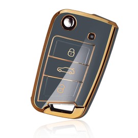 Car Key Cover TPU 3 Buttons Key Fob Case for VW Volkswagen Golf 7 Mk7 Polo Skoda Jetta Tiguan Seat Leon Fabia Ibiza Fabia Octavia Superb Magotan Protective Car Accessories Key Case, Golden Edge Black