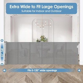 Reinforced 120 Inch Extra Wide Retractable Gate with Support Rods, Upgrade Retractable Baby Gates for Large Openings, 10 Ft Mesh Pet Gates for Dogs Extra Long Toddler Gate Outdoor Gate for Deck, Gray