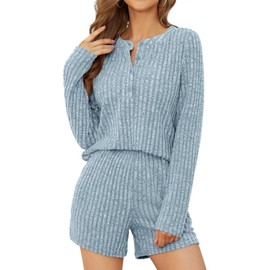 SotRong Ribbed Leisure Suit for Women Two Piece Loungewear Set Long Sleeve Cozy Pajamas Button Down Tenley Top Elastic Waist Shorts with Pocket, lightblue