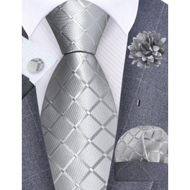 Gusleson Mens Light Grey Tie Plaid Checkered Wedding Necktie Pocket Square Cufflinks and Lapel Pin Brooch Set (UK6104-03)