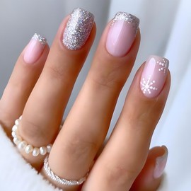 Christmas Press on Nails Short Square Fake Nails with Silver French Tip Design White Snowflake False Nails Nude Pink Full Cover Glue on Nails Glitter Artificial Nails Winter Stick on Nails for Women