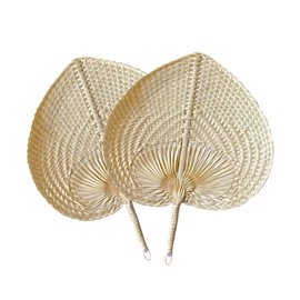 Anwangda 2pcs Hand-Woven Fan, Natural Hand Weaving Fan, Summer Manual Straw Hand Fans, Pure Handmade DIY Heart Shaped Bamboo Woven Fan for Summer, Beach, Party, Wedding(Beige)