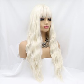 Xiweiya Wigs Long Curly White Wig with Air Bangs Hair Like Fluorescent White Length Synthetic Wave Heat Resistant Fiber Wigs Middle Parting for Women, Drag Queen Cosplay Makeup