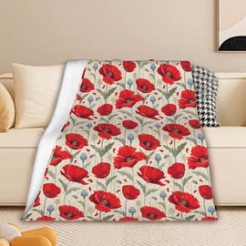 Red Poppy Flowers Throw Blankets Bright Flower Flannel Blanket Throw for Adults,Flower Theme Lightweight Soft Cozy Blanket for Couch Sofa Bed Room Decor 50" x 60"