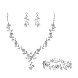 Clearine Women's Wedding Jewellery Set for Party Prom Leaf Cluster Flower Crystal Pendant Necklace Dangle Earrings Link Bracelet Set for Bridal Bride Bridesmaid Clear Silver-Tone