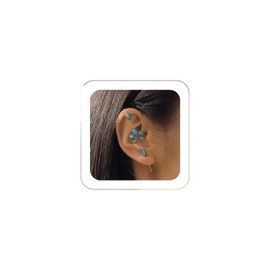 Quizzhe Boho Turquoise Ear Wrap Crawler Hook Earrings Silver Statement Long Bar Cartilage Piercing Earrrings Vintage Blue Birthstone Flower Climber Ear Cuff Jewelry for Women (Style2)