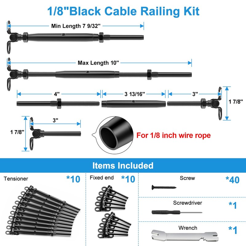 10 Pair 1/8" Adjustable Angle Stair Cable Railing Kits, Swage