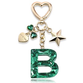 Cute Keychain initial Letter Butterfly Star Pink Purple Bling Gift for Women Girls Bag Cup Charms Accessories (B-green)