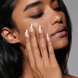 Static Nails Reusable Pop-On Manicure Set - Velvet French | Gold Double French Tips Almond False Nails | Medium Press On Nails | Salon Quality Non-Damaging Acrylic Nails | Fake Nail Kit with Glue