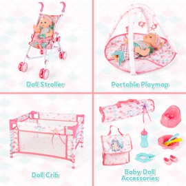 deAO Baby Doll Stroller Crib Bed Nursery Role Play Set Baby Doll Accessories and Play Mat,Travel Cot,Foldable Stroller and Travel Bag Birthday for Girls Boys Kids