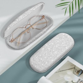 Fintie Hard Shell Eyeglasses Case, Portable Protective Glasses Cover Eyeglass Holder Box with Cleaning Cloth for Men Women, Glittering Silver