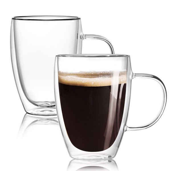 12 Oz Double Walled Glass Coffee Mugs with Handle Set of 2,Insulated Layer Coffee Cups,Clear Borosilicate Glass Mugs,Gift for Cappuccino,Tea,Latte,Espresso,Hot Beverage