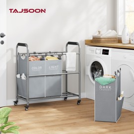 Tajsoon 3 Bag Laundry Sorter Cart, Laundry Hamper Sorter Basket with Heavy Duty Lockable Rolling Wheels for Clothes Storage, Grey & White