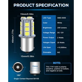 Alopee 12 Pack 1156 LED Bulb White 1141 LED Bulbs RV Interior Lights DC 12V 1156 Bulb Replacement for BA15S P21W 7506 1003 93 5007 5008 LED Bulb Camper Trailer Boat RV Light Bulbs 5050 18SMD