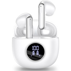 Luckyrao Wireless Earbuds, Bluetooth 5.4 Earphones In Ear with 4 HD microphone, 40H Playtime, HIFI Stereo In Ear Headphones, IPX7 Waterproof Bluetooth Earbuds, LED Display, USB-C, Sport/Work/White