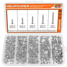 #4 x 3/8" 1/2" 5/8" 3/4" 1" Wood Screws Set, HELIFOUNER 210 Pieces Phillips Pan Head Self-Tapping Screws Assortment Kit, Phillips Pan Head Wood Screws, 304 Stainless Steel