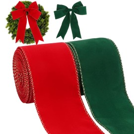 Kingovalley 2 Rolls Christmas Wired Ribbon, 2.5 inch x 10 Yards Red Green Velvet Xmas Ribbon With Gold Edge Vintage Christmas Ribbon for Christmas DIY Craft Home Garland Bow Door Wreath Decorations