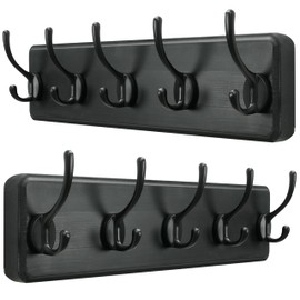 SKOLOO Rustic Wall Mounted Coat Rack, Case of 2, Pine Solid Wood Coat Hook Hanger - 5 Hooks for Hanging Clothes Robes Towels Coats