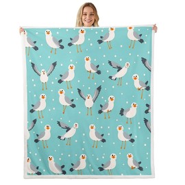 Kids Seagull Throw Blanket Cute Ocean Animal Sherpa Blanket for Girls Boys Bedroom Teal Blue Marine Sea Bird Decor Fleece Blanket White Polka Dots Fuzzy Plush Blanket 40"x50"