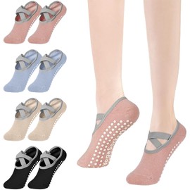 flintronic Yoga Socks, 4 Pairs Non-Slip Pilates Sock with Straps, for Ballet, Barre, Barefoot Workout, Dance - Sweat Absorption