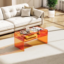solaround Acrylic Coffee Table for Living Room Clear Rectangle Lucite Table with Open Storage Shelf (1, Orange, Nomal)