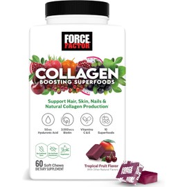 Force Factor Collagen Boosting Superfoods, Vegan Collagen Booster for Women, with Biotin, Hyaluronic Acid, and Vitamin C, for Hair, Skin, Nails, & Joint Support, Tropical Fruit, 60 Soft Chews