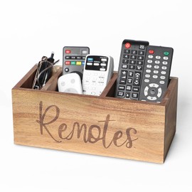 LBEMEY Remote Control Holder Caddy, Acacia Wood TV Remote Holder, Remote Organizer for Table, Vintage Farmhouse Desk Caddy (Brown-for 5+ Remote Controls)