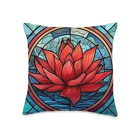 Floral Stained Glass Red Abstract Lotus Flower Throw Pillow