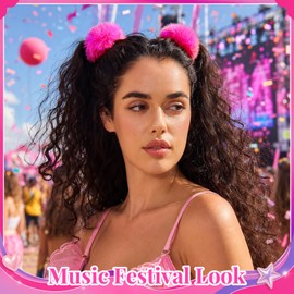 4PCS Hot Pink Pom Pom Hair Ties Hair Scrunchies Y2K Hair Accessories Furry Faux Rabbit Hair Scrunchies, Hot Pink Hair Bands Soft Fuzzy Y2K Accessories for Girls, Women, Halloween, Rave Outfit