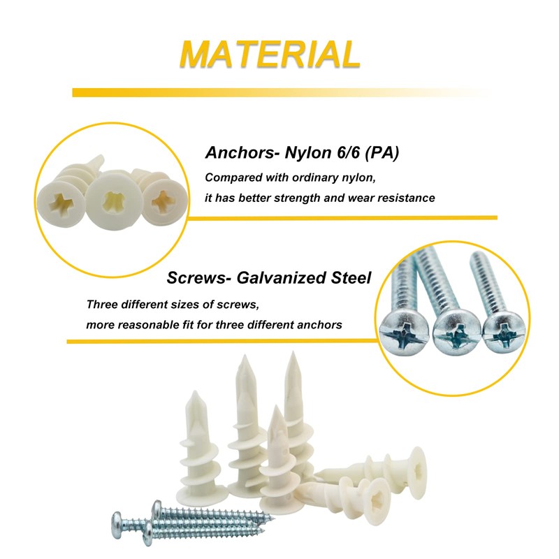 Kevinrooty 3 Sizes Self Drilling Drywall Anchors, 310PCS Nylon Plastic