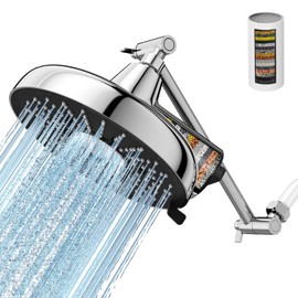Filtered Shower Head with Extension Arm - EMBATHER 8 Inch High Output Showrhead with 3 Spray Settings, 18 Stage Filter for Hard Water, 11" Adjustable Arm, Brass Swivel Ball Jiont, Chrome