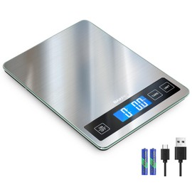 BAKFEE 33LB Digital Kitchen Scale with Tempered Glass and Stainless Steel Surface, Rechargeable&AAA Battery, 1g/0.1oz Food Scale for Baking, Making Sourdough Bread, Meal Prepping