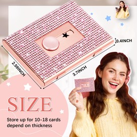 Resholder Bling Business Card Holder for Women Rhinestone Thumb Drive Business Card Case Diamond Alloy Portable Business Card Wallet Slide out Card Case with 10 to 18 Cards Capacity (Rose Gold)