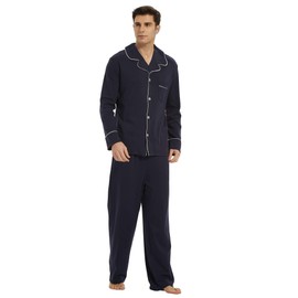 U2SKIIN Mens Cotton Pajama Set, Soft Long Sleeve Pajamas for men Lightweight Button Up Sleepwear Lounge Pjs Set with Pockets(Navy,L)