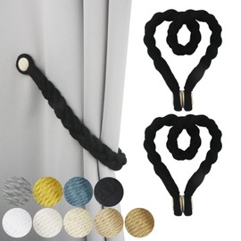 Porlau 2 Pack Black Magnetic Soft Curtain Tiebacks Cotton Hand-Woven Tieback Holdback Home Decorative Tie Backs with Wooden Buckle for Home Office Decor
