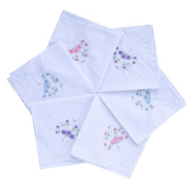 6 Pack of Ladies Embroidery Cotton Handkerchiefs Lace Border White Hankies