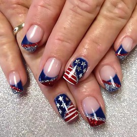 4th of July Press On Nails Short Square Blue French Fake Nails Press ons Nail Art Tip Acrylic Nail Kit Red&Blue Star Stripes Design Full Cover Glitter False Nails Glue on Nails for Women 24Pcs