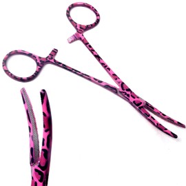 Dog Cat Pet Ear/Nose Hair Puller Grooming Hemostat Locking Forceps Curved Pliers, 5.5" (14cm) - Full Serrated Clamps - Made of Stainless Steel - Pink Leopard Pattern Forceps for Personal Use & Gifts